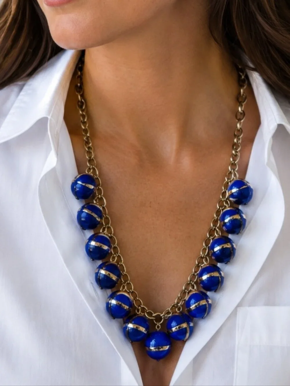 J. Crew Blue Balls Bauble Heavy Gold Tone Gumball Beaded Bands Beads Necklace